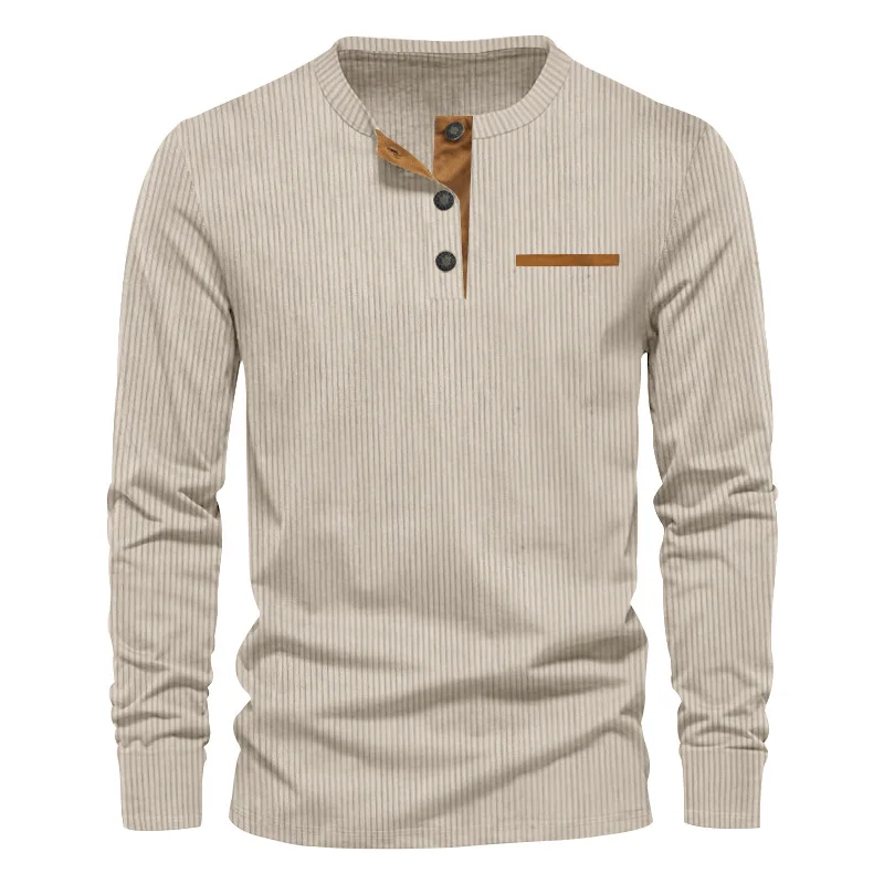 New Men's Long Sleeve T-shirt Spring And Autumn Comfortable Corduroy Fake Pocket Daily Casual Henry Shirt Fashion Men's Clothing