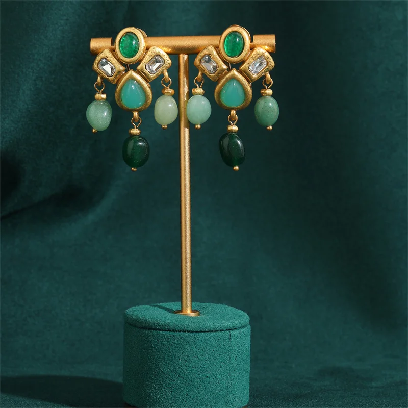 Gothic Vintage Drop Dangle Earrings for Woman Tassels Water Droplets Natural Green Stone Gold Color Antique Jewelry Designer New