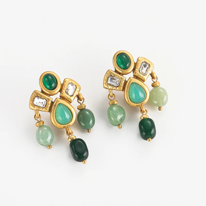 Gothic Vintage Drop Dangle Earrings for Woman Tassels Water Droplets Natural Green Stone Gold Color Antique Jewelry Designer New