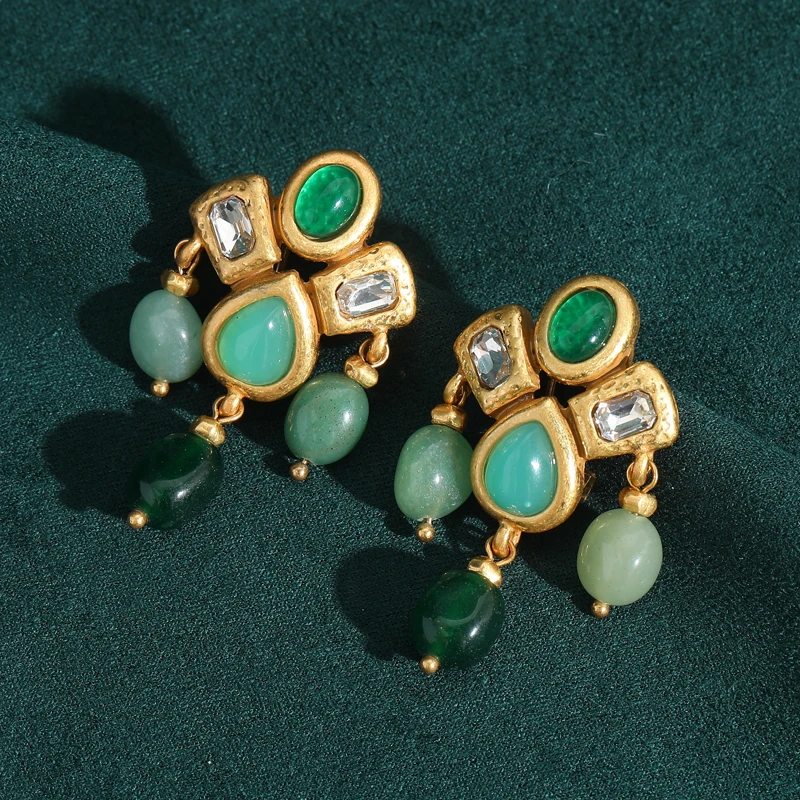 Gothic Vintage Drop Dangle Earrings for Woman Tassels Water Droplets Natural Green Stone Gold Color Antique Jewelry Designer New