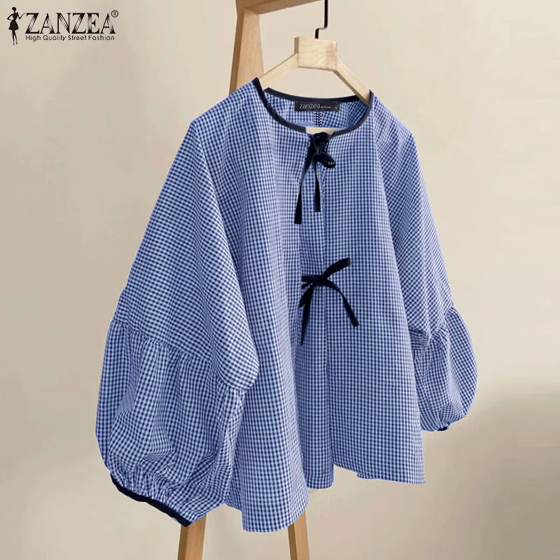 ZANZEA Women Plaid Printed Blouse Fashion Lace Up Shirts Holiday Sweety O-neck Long Sleeve Tops Casual Autumn 2024 Bowtie Tunics