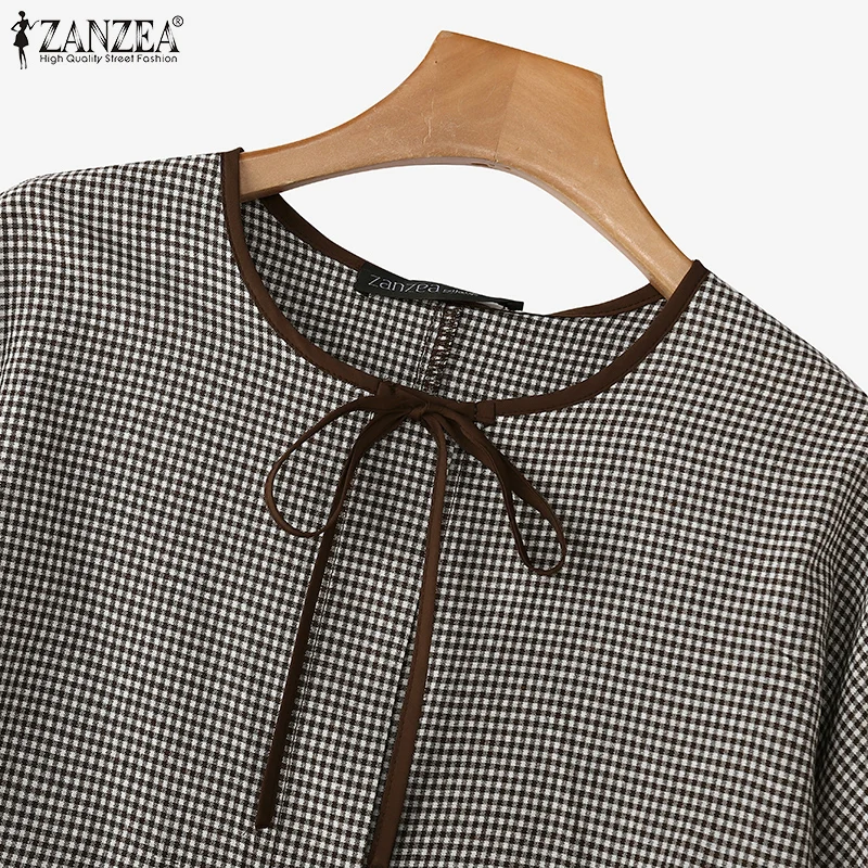ZANZEA Women Plaid Printed Blouse Fashion Lace Up Shirts Holiday Sweety O-neck Long Sleeve Tops Casual Autumn 2024 Bowtie Tunics