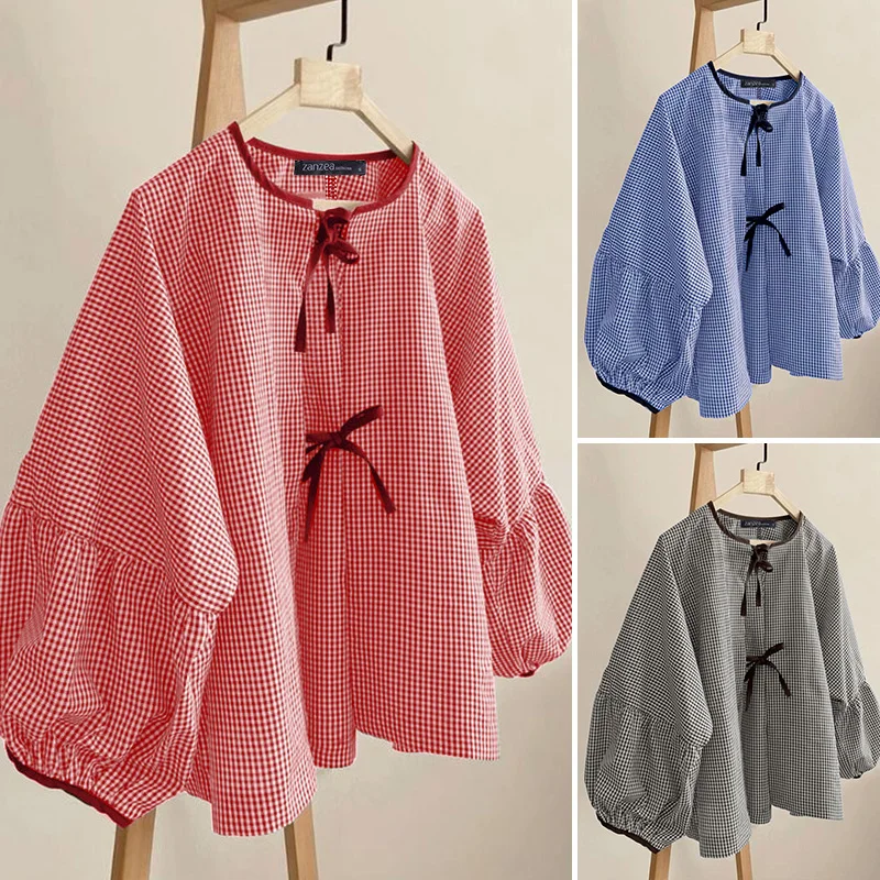 ZANZEA Women Plaid Printed Blouse Fashion Lace Up Shirts Holiday Sweety O-neck Long Sleeve Tops Casual Autumn 2024 Bowtie Tunics