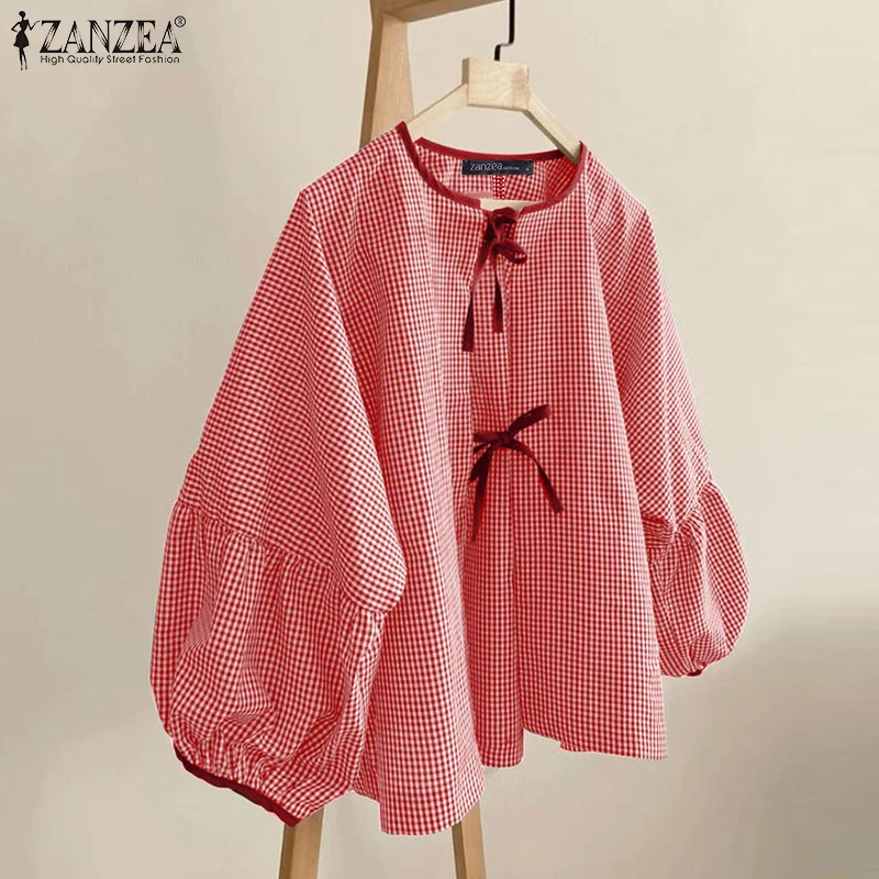 ZANZEA Women Plaid Printed Blouse Fashion Lace Up Shirts Holiday Sweety O-neck Long Sleeve Tops Casual Autumn 2024 Bowtie Tunics