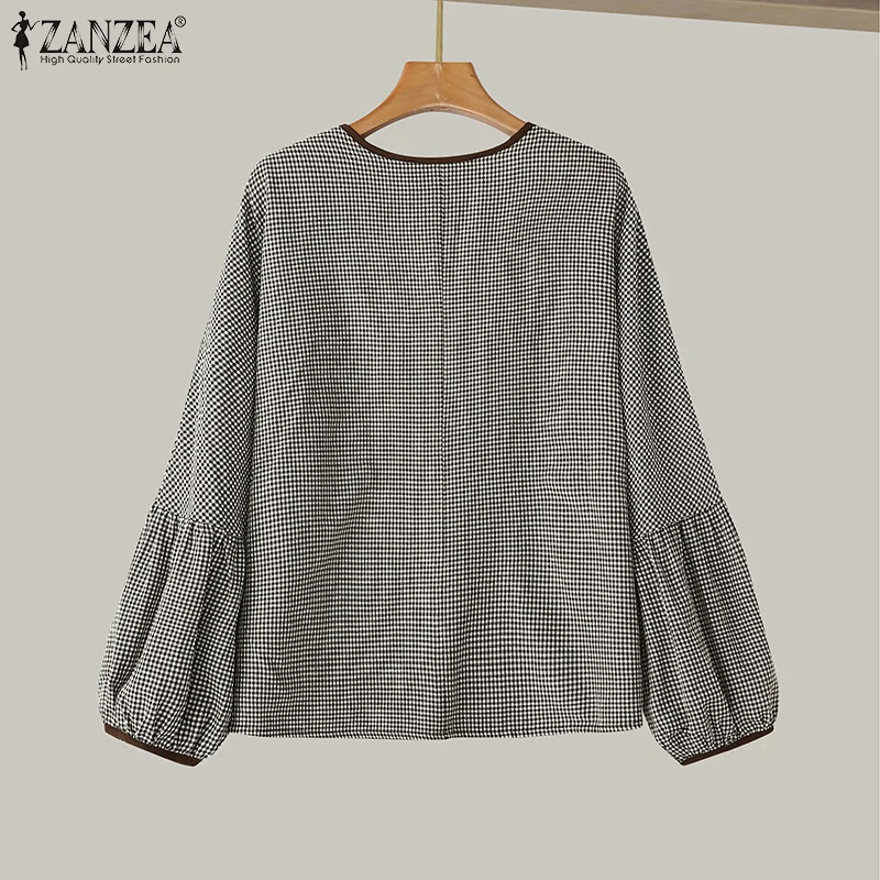 ZANZEA Women Plaid Printed Blouse Fashion Lace Up Shirts Holiday Sweety O-neck Long Sleeve Tops Casual Autumn 2024 Bowtie Tunics