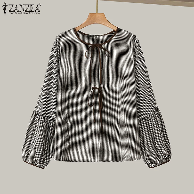 ZANZEA Women Plaid Printed Blouse Fashion Lace Up Shirts Holiday Sweety O-neck Long Sleeve Tops Casual Autumn 2024 Bowtie Tunics