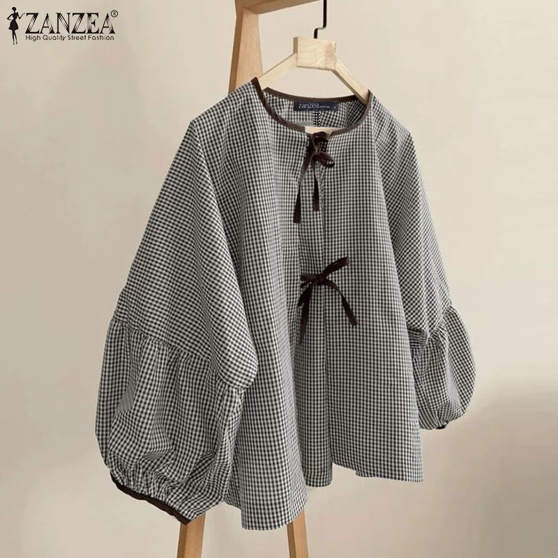 ZANZEA Women Plaid Printed Blouse Fashion Lace Up Shirts Holiday Sweety O-neck Long Sleeve Tops Casual Autumn 2024 Bowtie Tunics