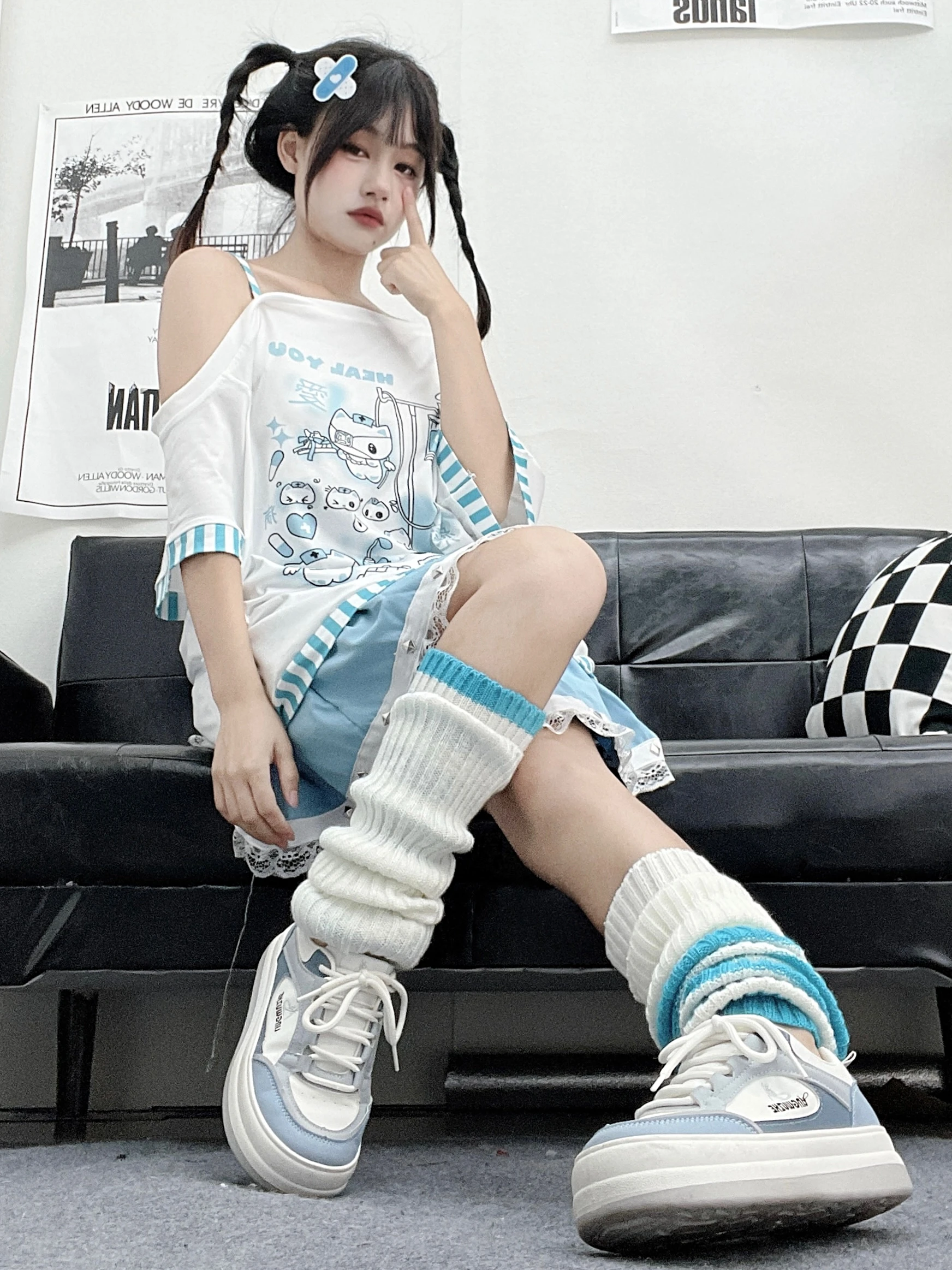 Gothic Woman Clothing Y2k Harajuku T-shirts Japanese Female Clothing Patchwork Kawaii Sweet Cartoon Print stripe y2k Clothes Top