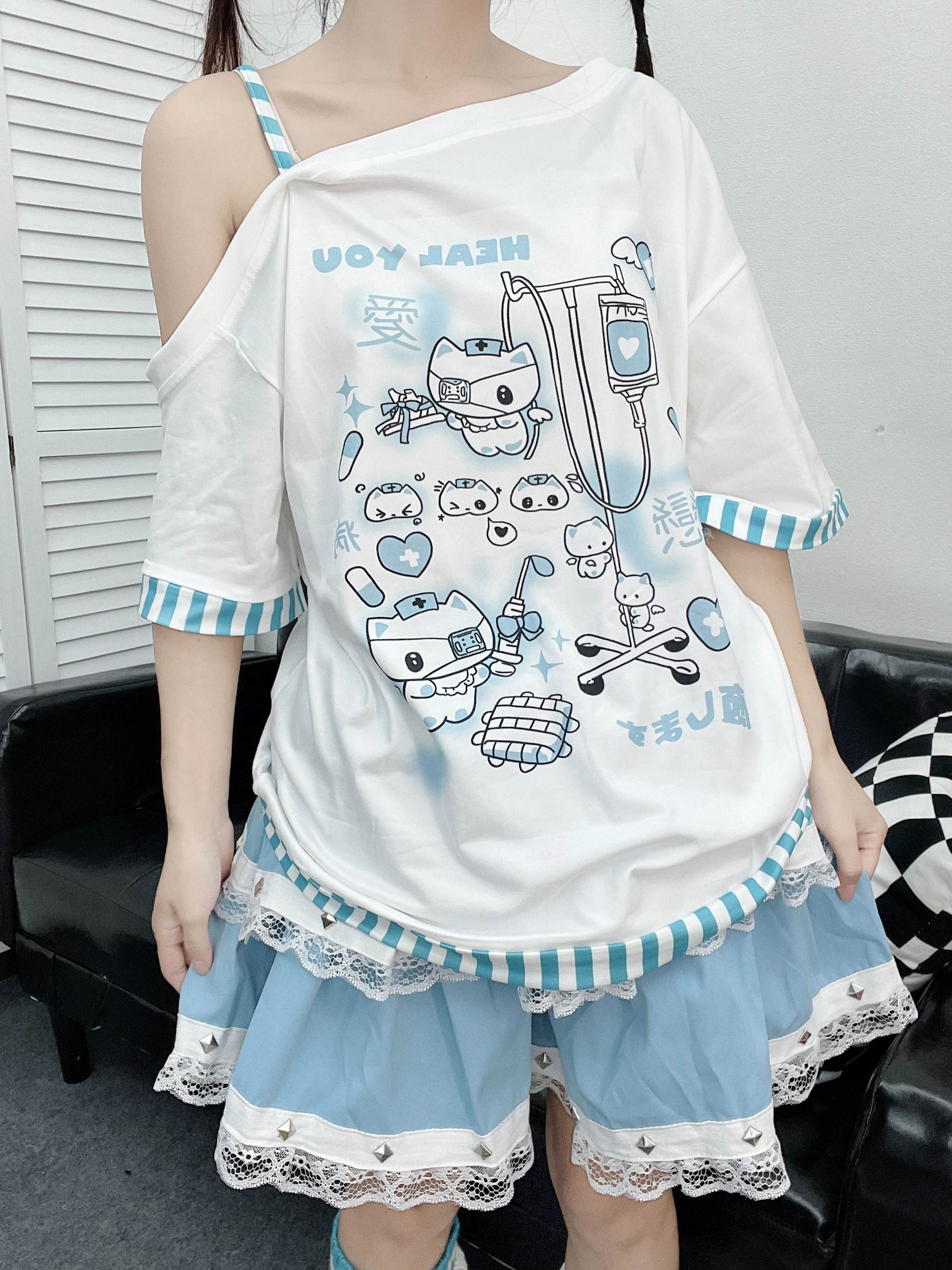 Gothic Woman Clothing Y2k Harajuku T-shirts Japanese Female Clothing Patchwork Kawaii Sweet Cartoon Print stripe y2k Clothes Top