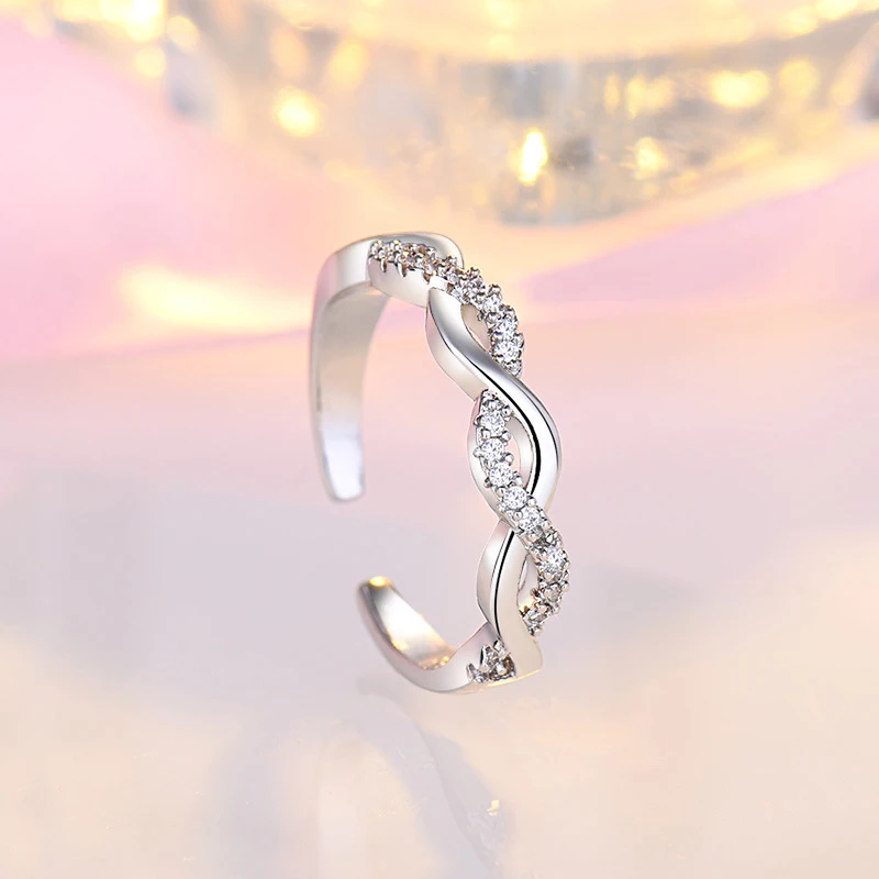 New 925 Sterling Silver Trend Weave Twisted Elegant Adjustable Rings Women&Girl Jewelry Gift Rhinestone Spiral Open Finger Ring
