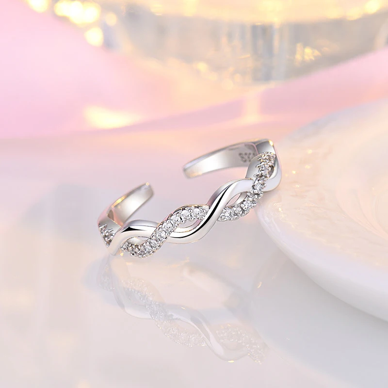 New 925 Sterling Silver Trend Weave Twisted Elegant Adjustable Rings Women&Girl Jewelry Gift Rhinestone Spiral Open Finger Ring