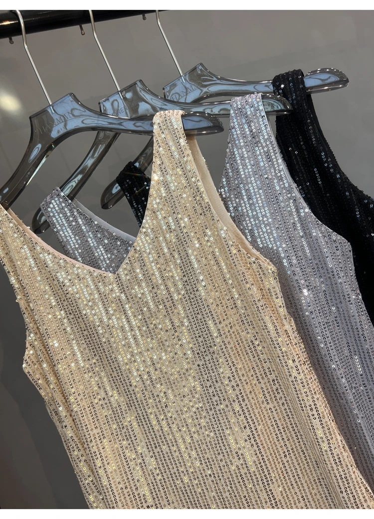 2024 New European and American Sequined V-neck Vest Worn Inside A Suit Bottoming Shirt and Worn Outside A Sparkling Top