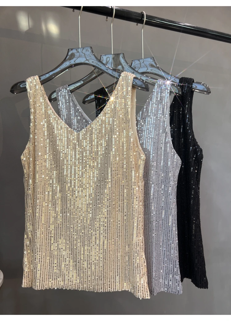 2024 New European and American Sequined V-neck Vest Worn Inside A Suit Bottoming Shirt and Worn Outside A Sparkling Top