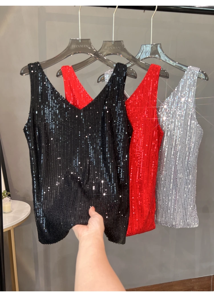 2024 New European and American Sequined V-neck Vest Worn Inside A Suit Bottoming Shirt and Worn Outside A Sparkling Top