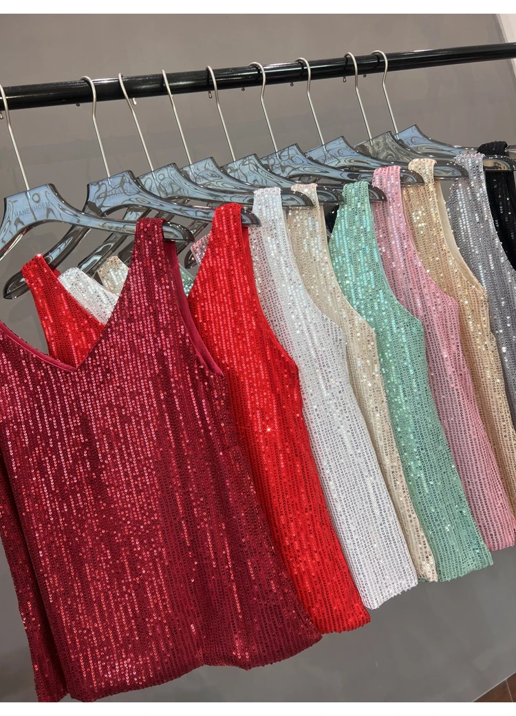 2024 New European and American Sequined V-neck Vest Worn Inside A Suit Bottoming Shirt and Worn Outside A Sparkling Top