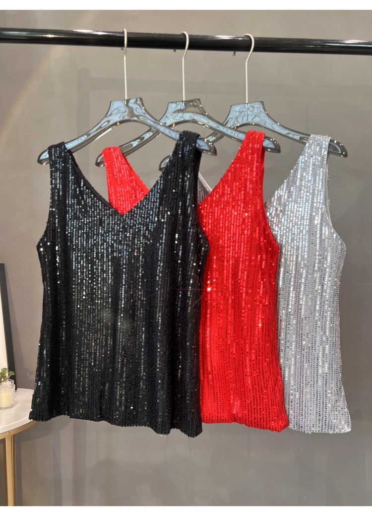 2024 New European and American Sequined V-neck Vest Worn Inside A Suit Bottoming Shirt and Worn Outside A Sparkling Top