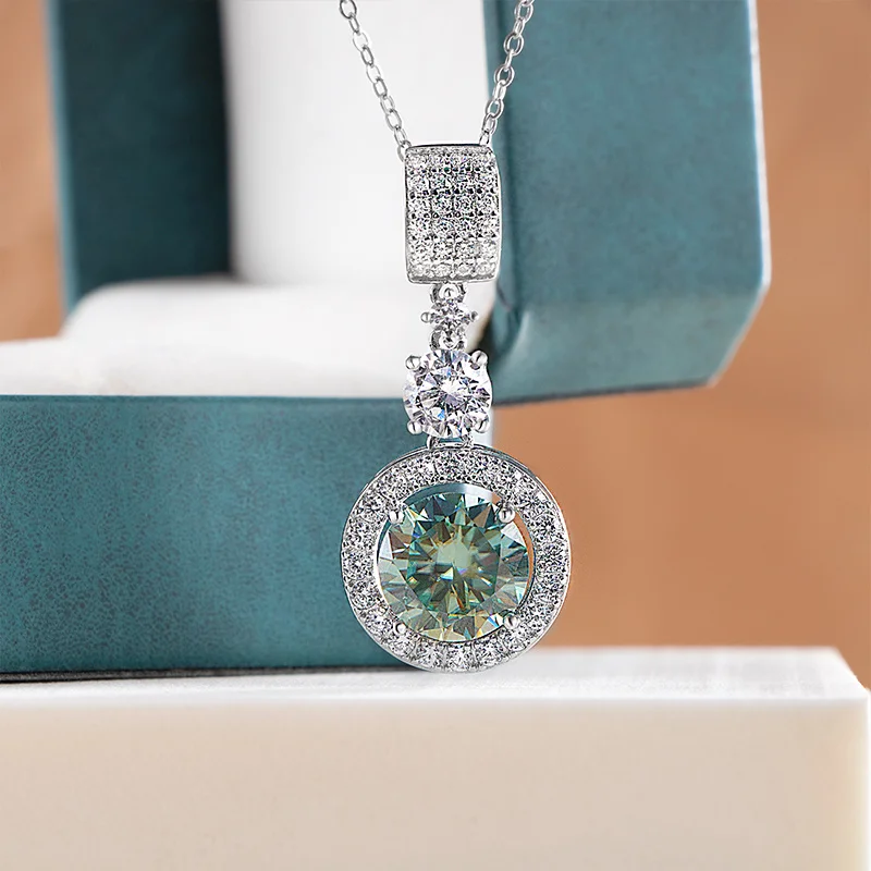 5ct Moissanite Diamond Pendant Necklace with Certificate Blue Green Pink Color Round Shape D Color VVS Moissanite Jewelry Gift