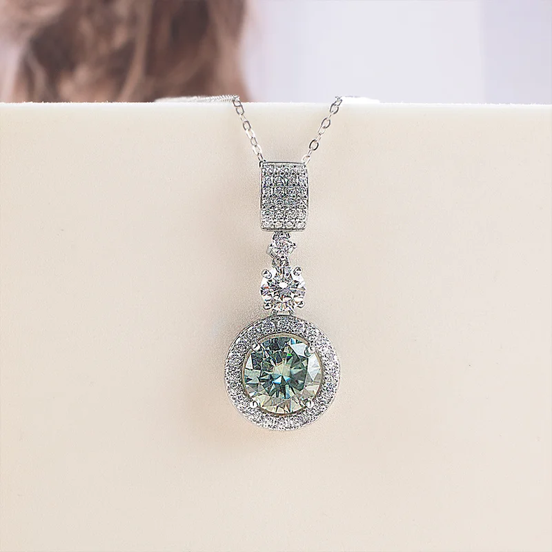 5ct Moissanite Diamond Pendant Necklace with Certificate Blue Green Pink Color Round Shape D Color VVS Moissanite Jewelry Gift