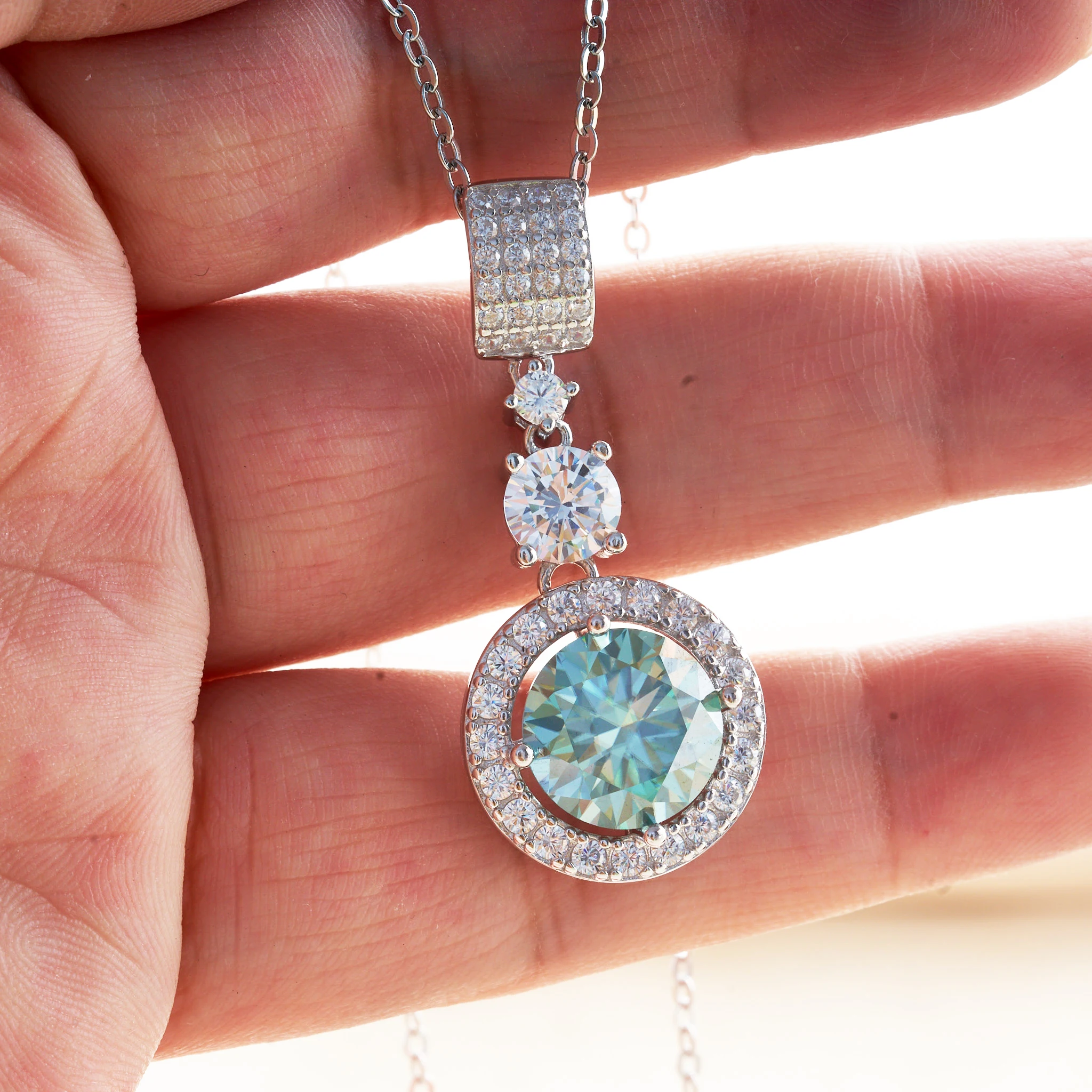 5ct Moissanite Diamond Pendant Necklace with Certificate Blue Green Pink Color Round Shape D Color VVS Moissanite Jewelry Gift
