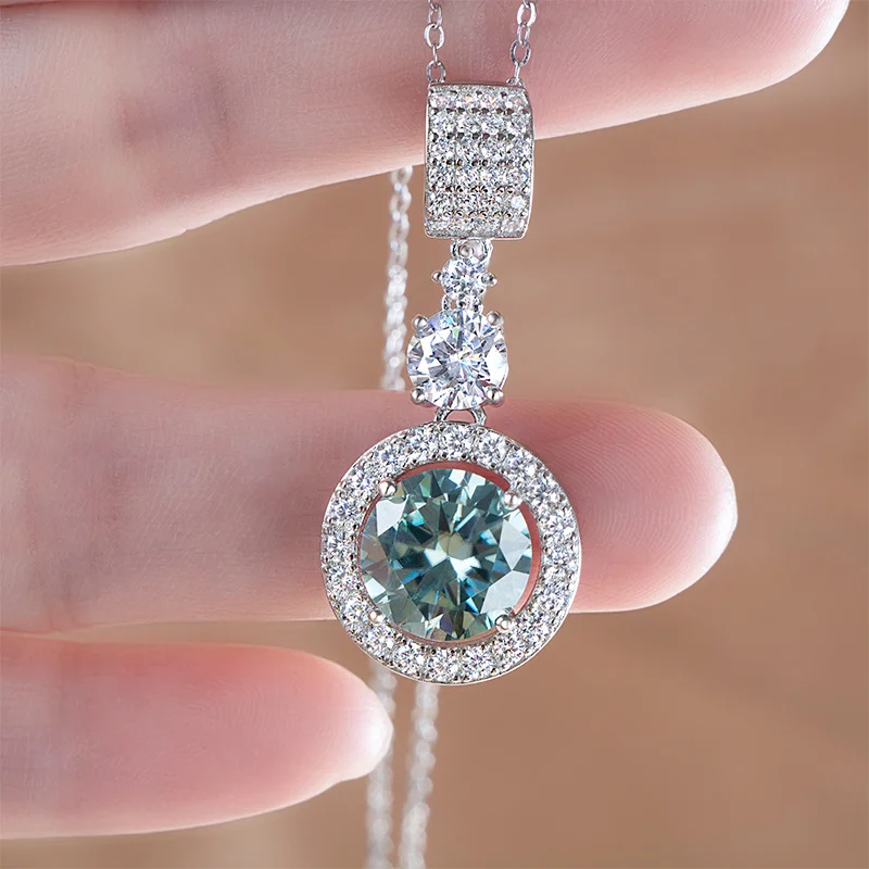 5ct Moissanite Diamond Pendant Necklace with Certificate Blue Green Pink Color Round Shape D Color VVS Moissanite Jewelry Gift