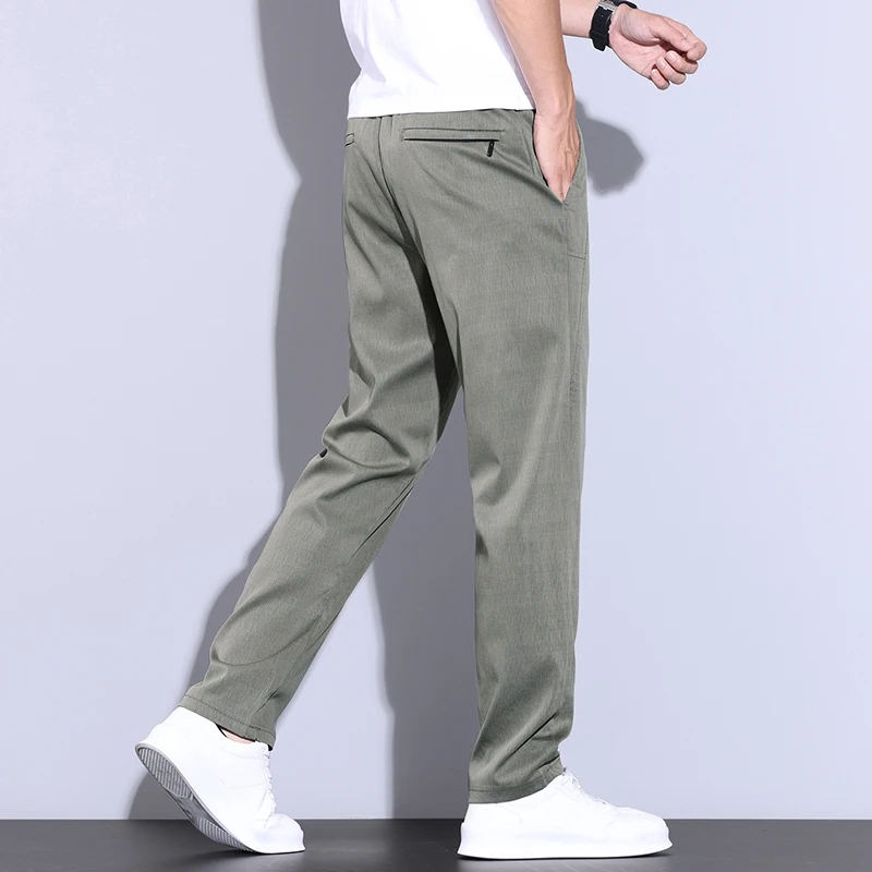 Summer Ultra-thin Men's Lyocell Trousers Fashion Business Straight Casual Cool Ice Silk Elastic Pants Black Grey Green