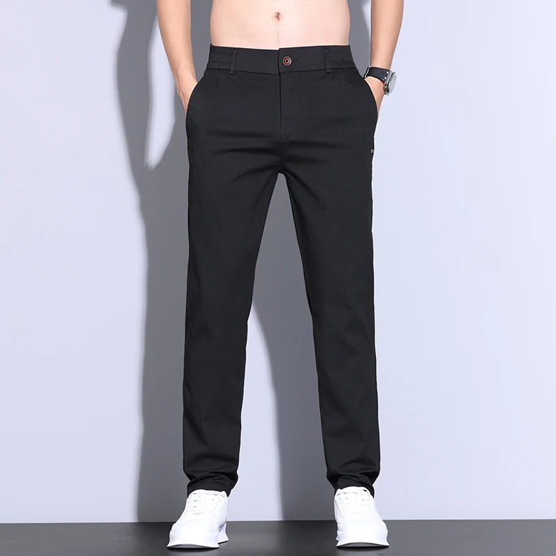 Summer Ultra-thin Men's Lyocell Trousers Fashion Business Straight Casual Cool Ice Silk Elastic Pants Black Grey Green