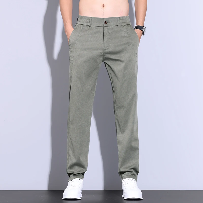 Summer Ultra-thin Men's Lyocell Trousers Fashion Business Straight Casual Cool Ice Silk Elastic Pants Black Grey Green