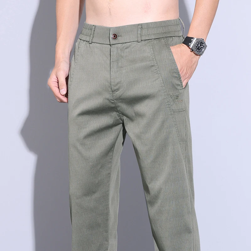 Summer Ultra-thin Men's Lyocell Trousers Fashion Business Straight Casual Cool Ice Silk Elastic Pants Black Grey Green