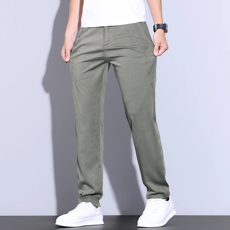 Summer Ultra-thin Men's Lyocell Trousers Fashion Business Straight Casual Cool Ice Silk Elastic Pants Black Grey Green