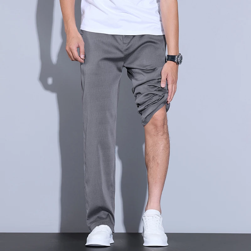 Summer Ultra-thin Men's Lyocell Trousers Fashion Business Straight Casual Cool Ice Silk Elastic Pants Black Grey Green