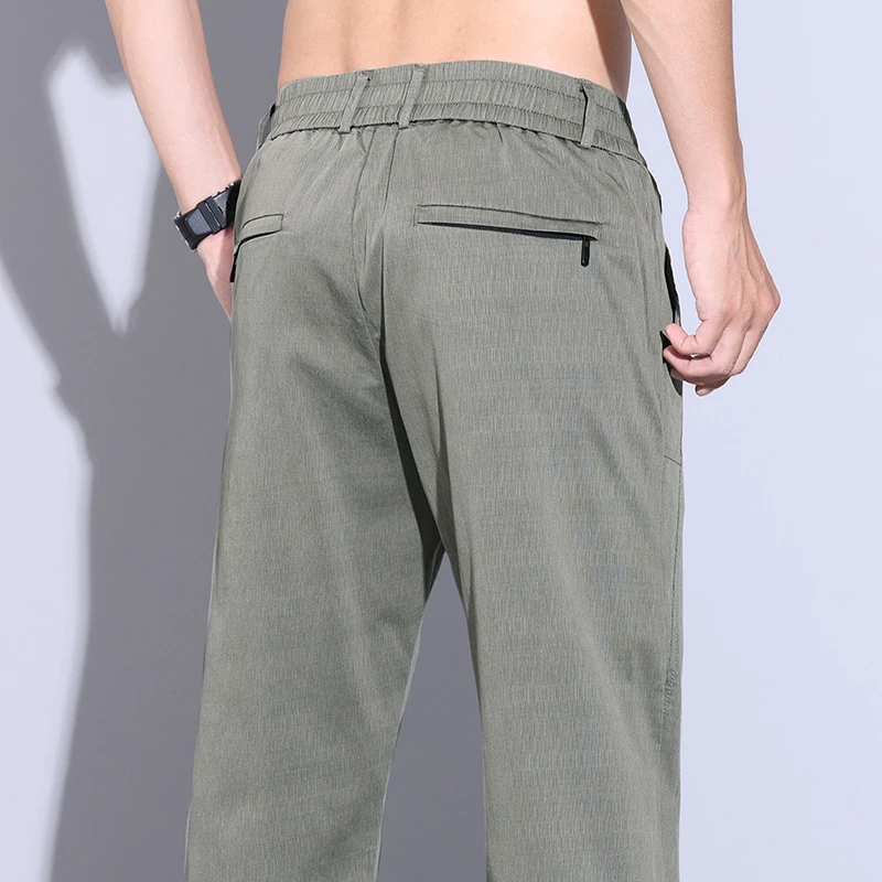 Summer Ultra-thin Men's Lyocell Trousers Fashion Business Straight Casual Cool Ice Silk Elastic Pants Black Grey Green