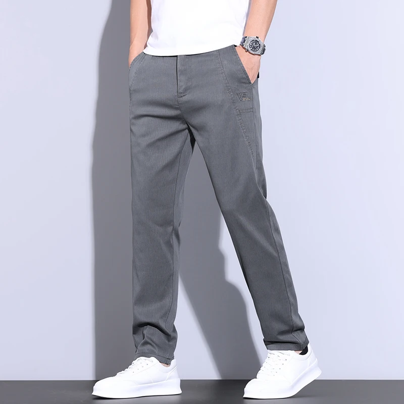 Summer Ultra-thin Men's Lyocell Trousers Fashion Business Straight Casual Cool Ice Silk Elastic Pants Black Grey Green