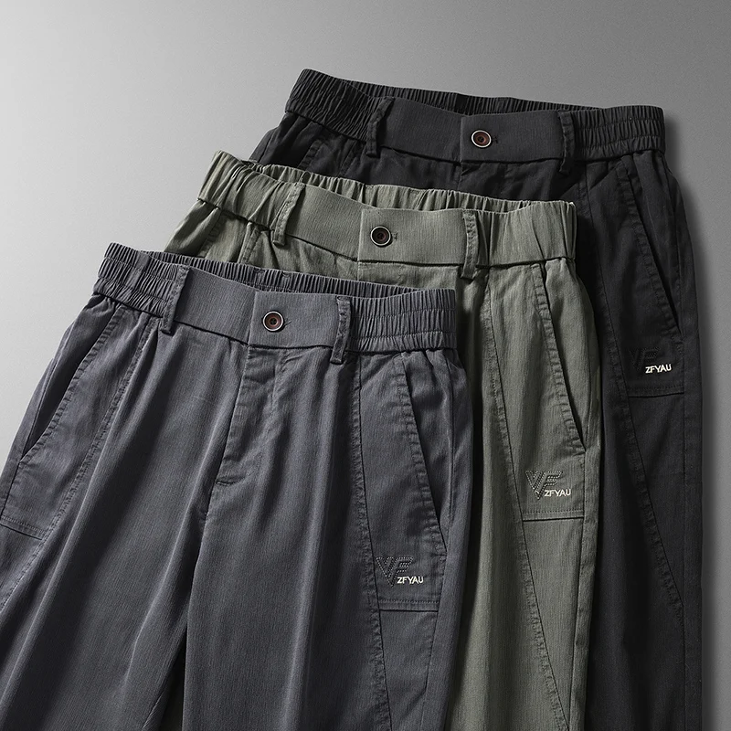 Summer Ultra-thin Men's Lyocell Trousers Fashion Business Straight Casual Cool Ice Silk Elastic Pants Black Grey Green