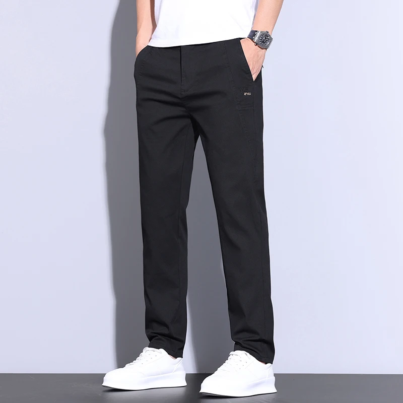 Summer Ultra-thin Men's Lyocell Trousers Fashion Business Straight Casual Cool Ice Silk Elastic Pants Black Grey Green