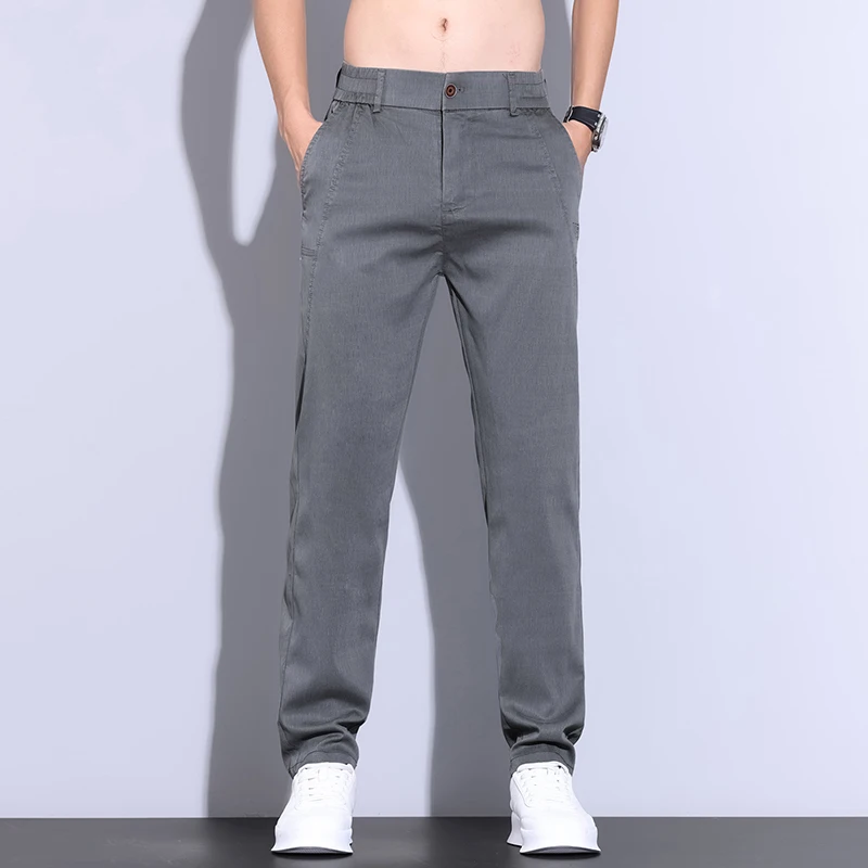 Summer Ultra-thin Men's Lyocell Trousers Fashion Business Straight Casual Cool Ice Silk Elastic Pants Black Grey Green