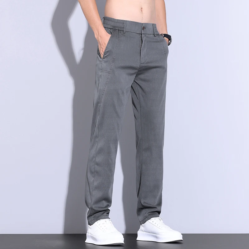Summer Ultra-thin Men's Lyocell Trousers Fashion Business Straight Casual Cool Ice Silk Elastic Pants Black Grey Green
