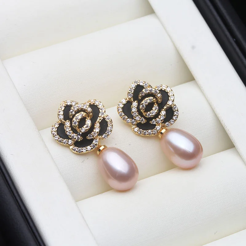 Wedding Freshwater Pearl Drop Earrings Women,Luxury 925 Silver Natural Pearl Earrings Wife Girls Birthday Gift White Black