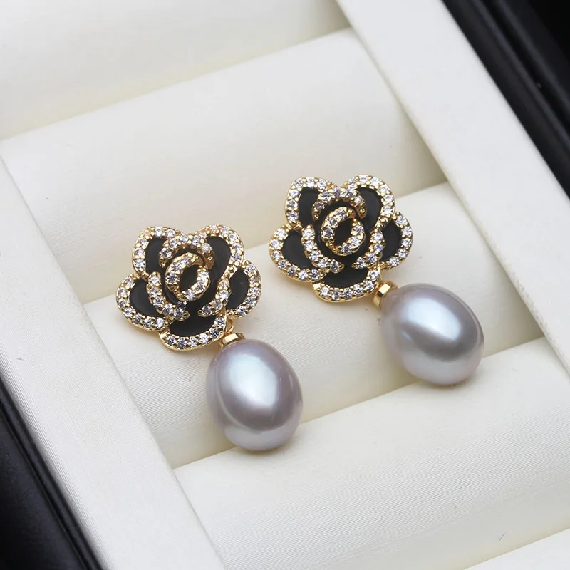 Wedding Freshwater Pearl Drop Earrings Women,Luxury 925 Silver Natural Pearl Earrings Wife Girls Birthday Gift White Black