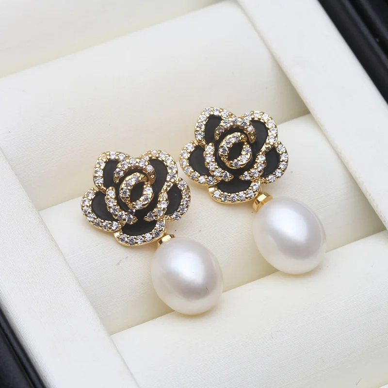 Wedding Freshwater Pearl Drop Earrings Women,Luxury 925 Silver Natural Pearl Earrings Wife Girls Birthday Gift White Black
