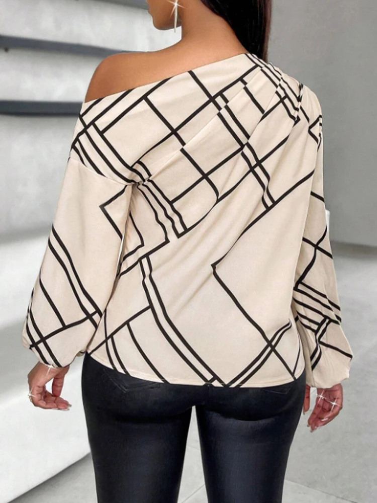 Ladies' Spring/Summer Daily Commuting Elegant Casual Shirt with Striped Print, Pleated and Asymmetric Neckline