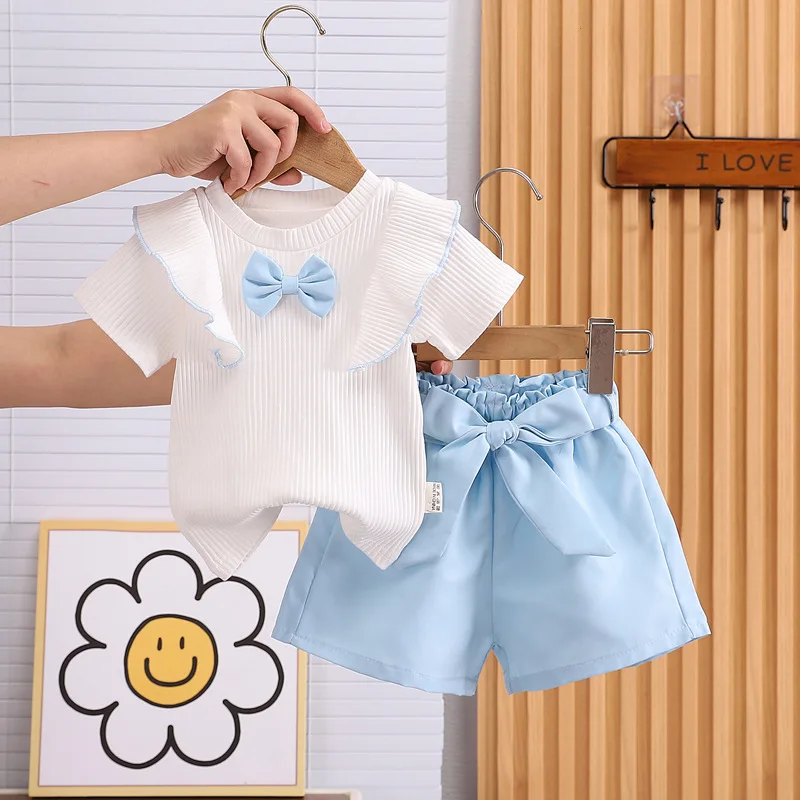 Baby Girls Clothes Summer Outfit Set Bow Top And Shorts 2-Piece Children's Clothing Ensemble for Girls