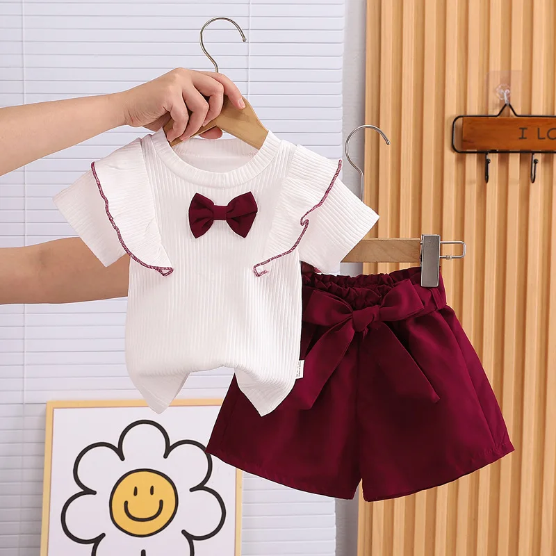 Baby Girls Clothes Summer Outfit Set Bow Top And Shorts 2-Piece Children's Clothing Ensemble for Girls