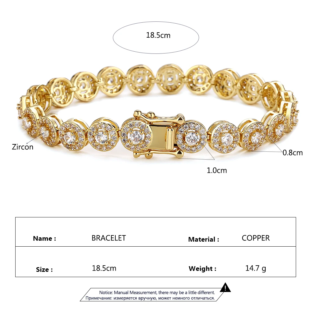 TrendMen Hiphop/Rock Trendy Round Zirconia Tennis Bracelets For Fashion Men Women Gold Color Crystal Wristlet Jewelry Bangles