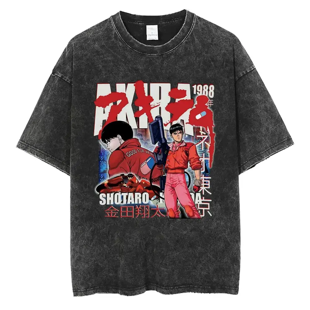 Washed Vintage Anime Akira T Shirts Japanese Science Fiction Cartoon Movie Shotaro Kaneda T-shirt Men's Manga Oversized T-shirts
