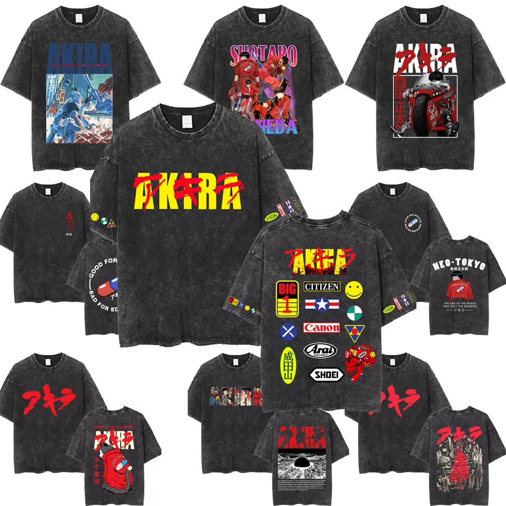 Washed Vintage Anime Akira T Shirts Japanese Science Fiction Cartoon Movie Shotaro Kaneda T-shirt Men's Manga Oversized T-shirts