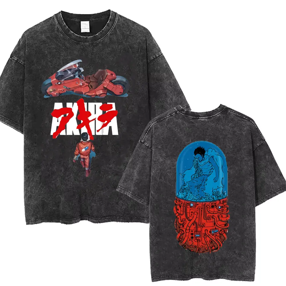 Washed Vintage Anime Akira T Shirts Japanese Science Fiction Cartoon Movie Shotaro Kaneda T-shirt Men's Manga Oversized T-shirts