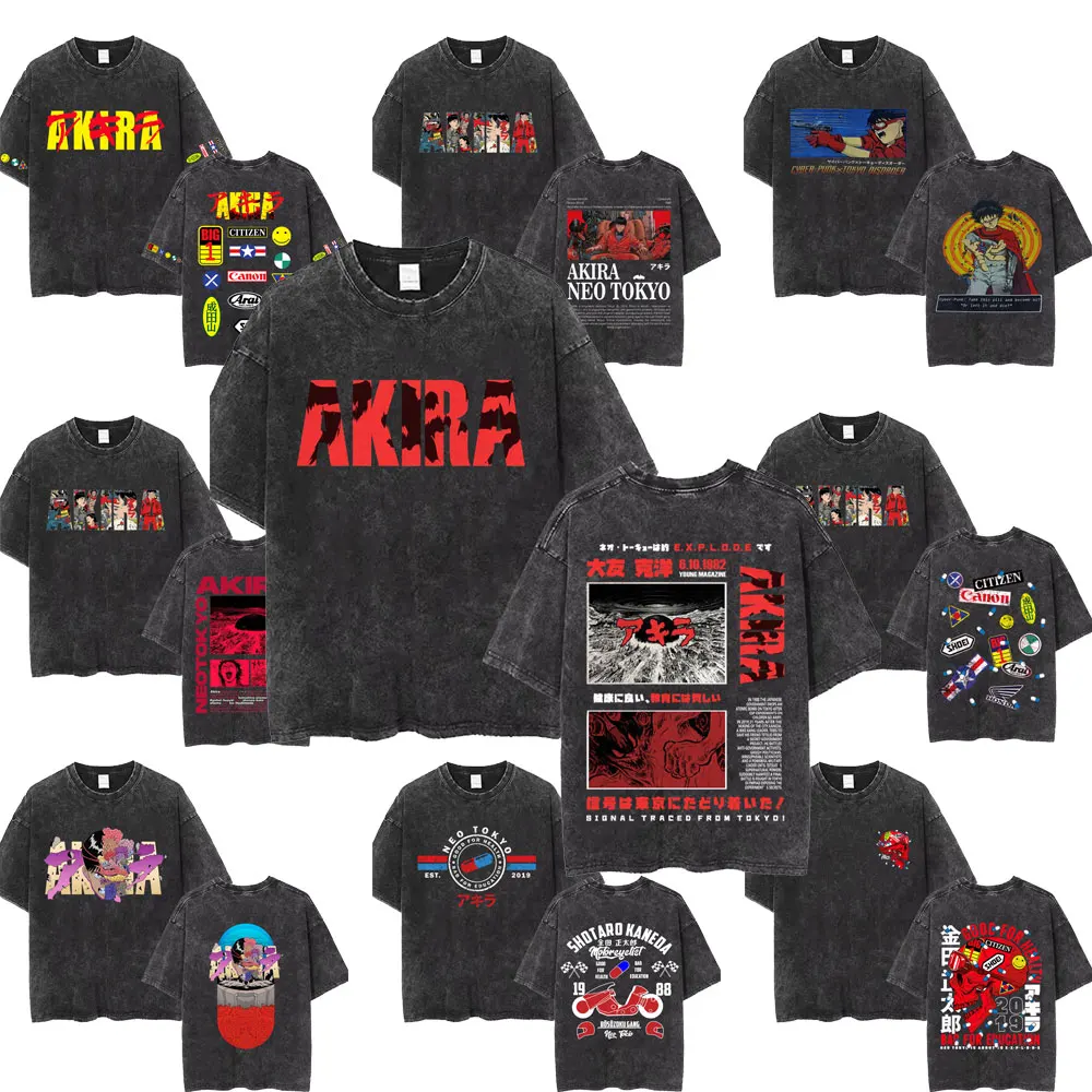 Washed Vintage Anime Akira T Shirts Japanese Science Fiction Cartoon Movie Shotaro Kaneda T-shirt Men's Manga Oversized T-shirts