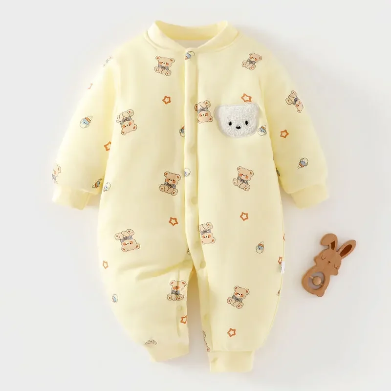 Winter Cute Animal Design Neonatal Boys Girls Teddy Bear Pattern 100 Cotton Rompers Children's Clothing