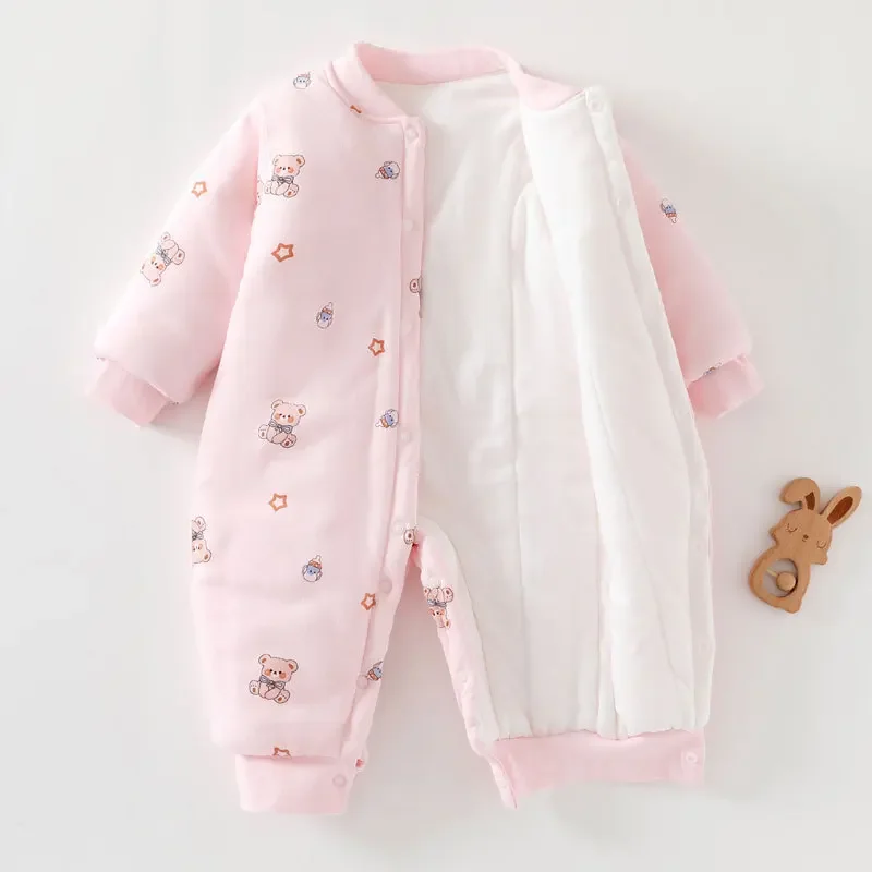 Winter Cute Animal Design Neonatal Boys Girls Teddy Bear Pattern 100 Cotton Rompers Children's Clothing