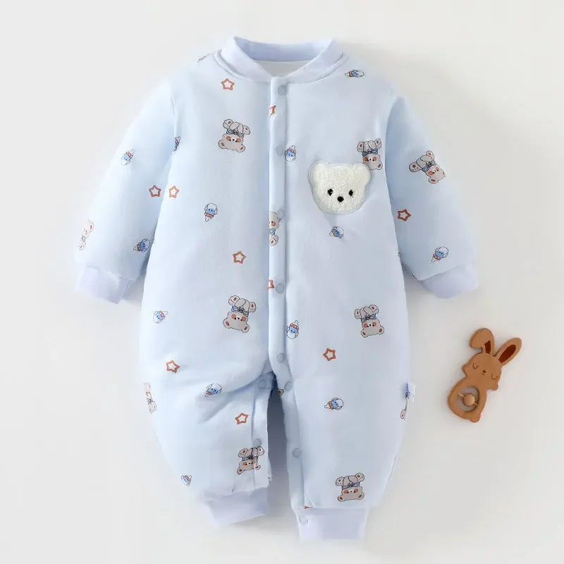 Winter Cute Animal Design Neonatal Boys Girls Teddy Bear Pattern 100 Cotton Rompers Children's Clothing